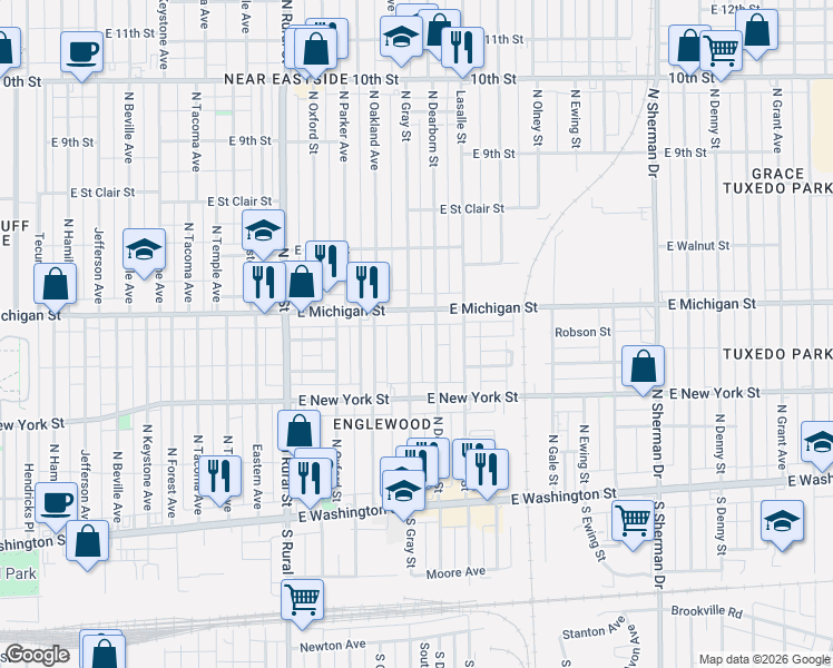 map of restaurants, bars, coffee shops, grocery stores, and more near 448 North Gray Street in Indianapolis