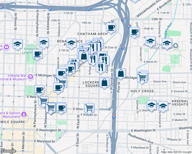map of restaurants, bars, coffee shops, grocery stores, and more near 510 North Cincinnati Street in Indianapolis