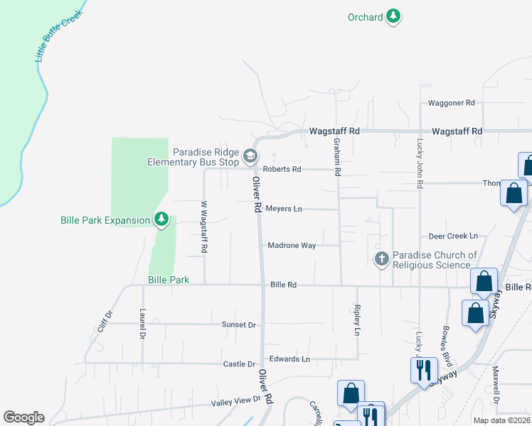 map of restaurants, bars, coffee shops, grocery stores, and more near 655 Meyers Lane in Paradise