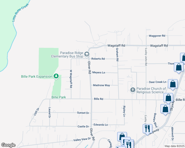 map of restaurants, bars, coffee shops, grocery stores, and more near 6296 Oliver Road in Paradise