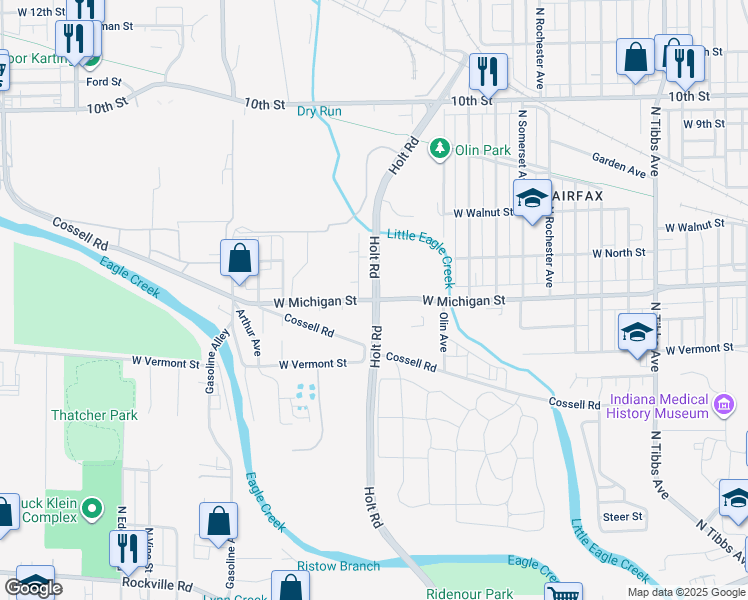 map of restaurants, bars, coffee shops, grocery stores, and more near W Michigan St & Holt Rd in Indianapolis