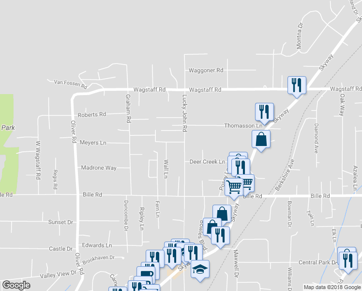 map of restaurants, bars, coffee shops, grocery stores, and more near 6363 Lucky John Road in Paradise