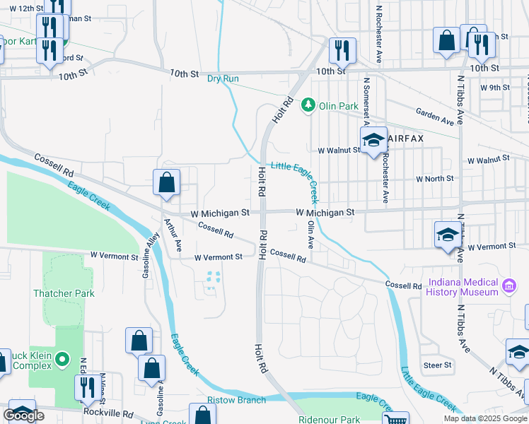 map of restaurants, bars, coffee shops, grocery stores, and more near 501 North Holt Road in Indianapolis