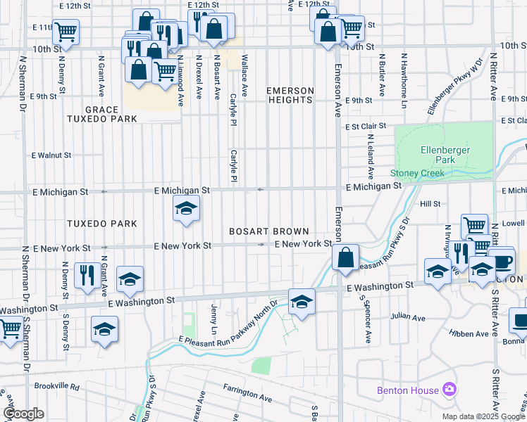 map of restaurants, bars, coffee shops, grocery stores, and more near 414 Dequincy Street in Indianapolis
