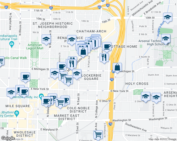 map of restaurants, bars, coffee shops, grocery stores, and more near E Michigan St & N Park Ave in Indianapolis