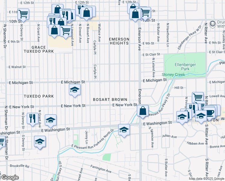 map of restaurants, bars, coffee shops, grocery stores, and more near 418 North Riley Avenue in Indianapolis