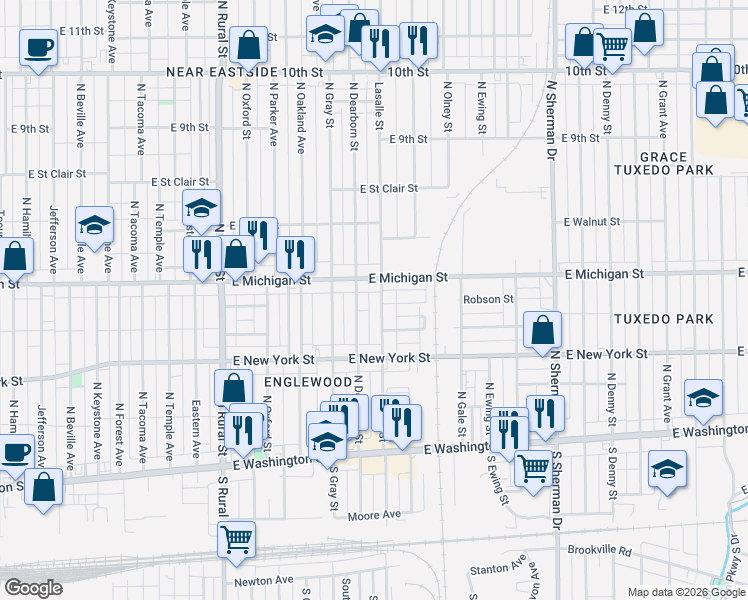 map of restaurants, bars, coffee shops, grocery stores, and more near 445 North Dearborn Street in Indianapolis