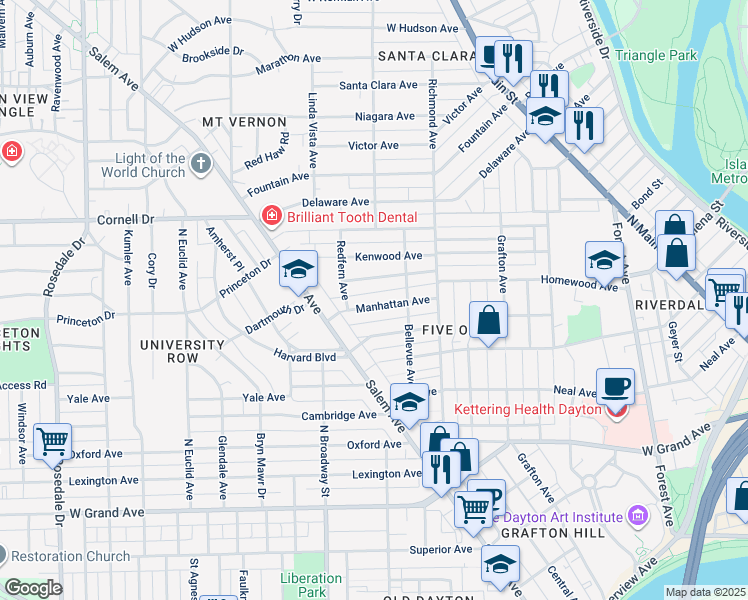 map of restaurants, bars, coffee shops, grocery stores, and more near 943 Manhattan Avenue in Dayton