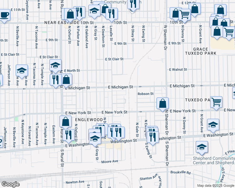 map of restaurants, bars, coffee shops, grocery stores, and more near 3316 Robson Street in Indianapolis