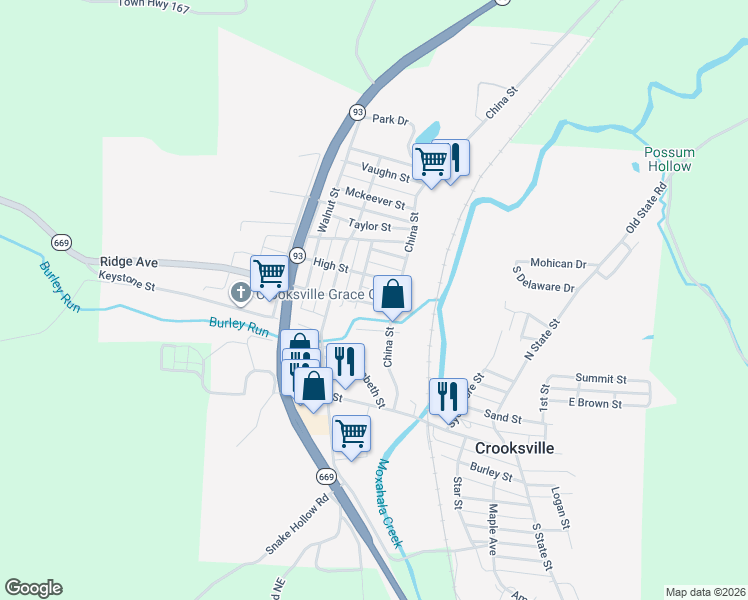 map of restaurants, bars, coffee shops, grocery stores, and more near 127 Ridge Avenue in Crooksville