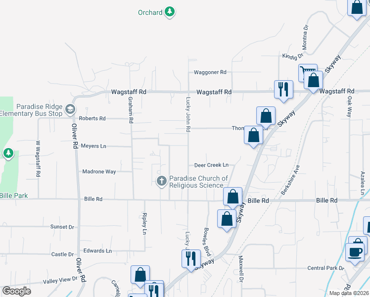 map of restaurants, bars, coffee shops, grocery stores, and more near 6378 Lucky John Road in Paradise