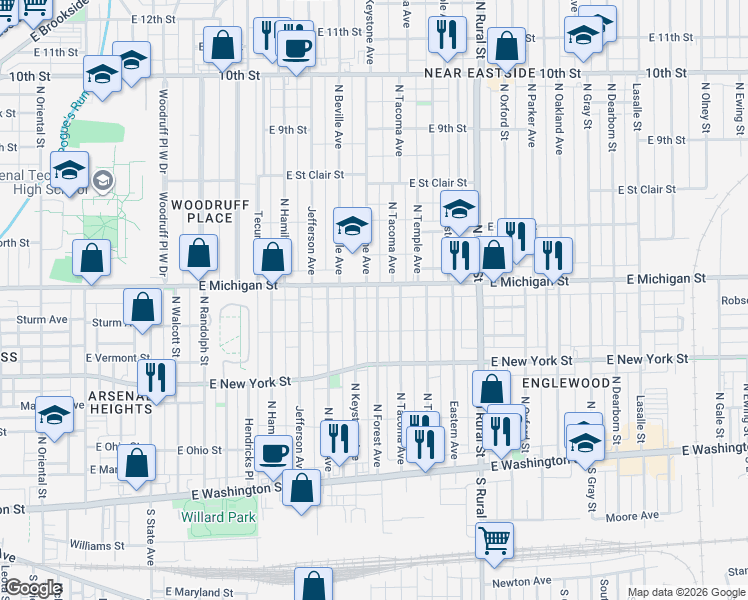 map of restaurants, bars, coffee shops, grocery stores, and more near 444 North Forest Avenue in Indianapolis