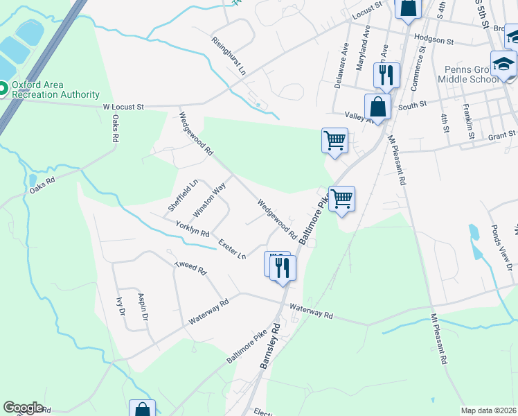map of restaurants, bars, coffee shops, grocery stores, and more near 302 Wedgewood Road in Oxford