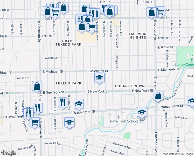 map of restaurants, bars, coffee shops, grocery stores, and more near 421 North Linwood Avenue in Indianapolis