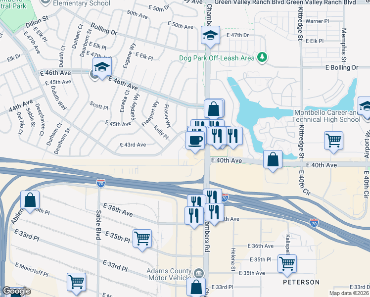 map of restaurants, bars, coffee shops, grocery stores, and more near 4210 North Fraser Way in Denver
