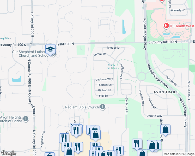 map of restaurants, bars, coffee shops, grocery stores, and more near 9660 Jackson Way in Avon