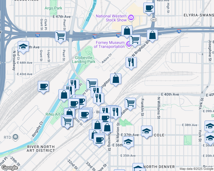 map of restaurants, bars, coffee shops, grocery stores, and more near 3901 Wynkoop Street in Denver