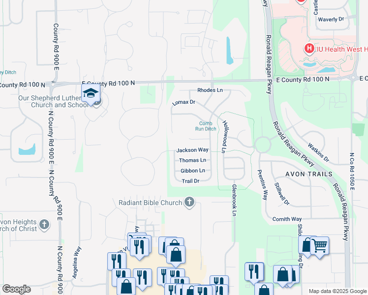 map of restaurants, bars, coffee shops, grocery stores, and more near 9710 Jackson Way in Avon