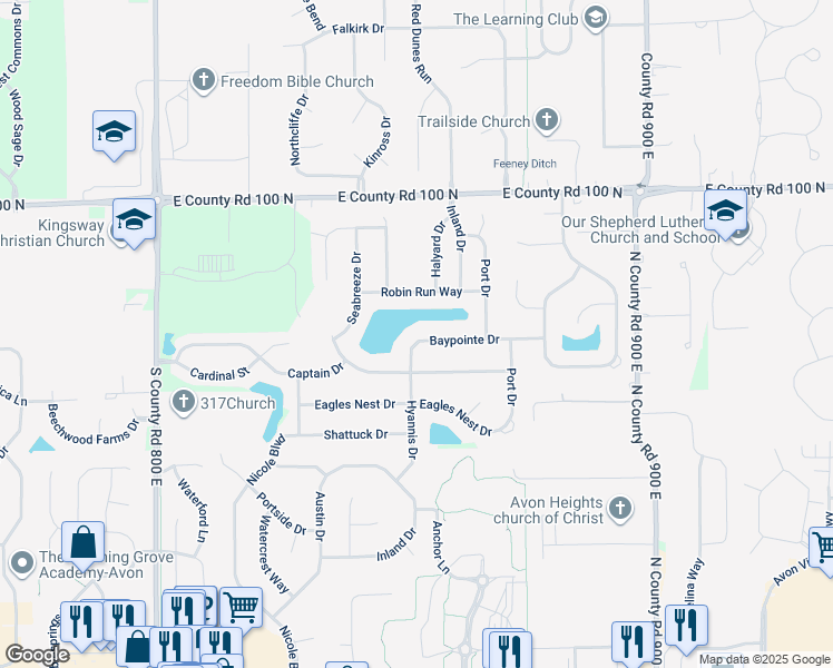 map of restaurants, bars, coffee shops, grocery stores, and more near 8546 Baypointe Drive in Avon