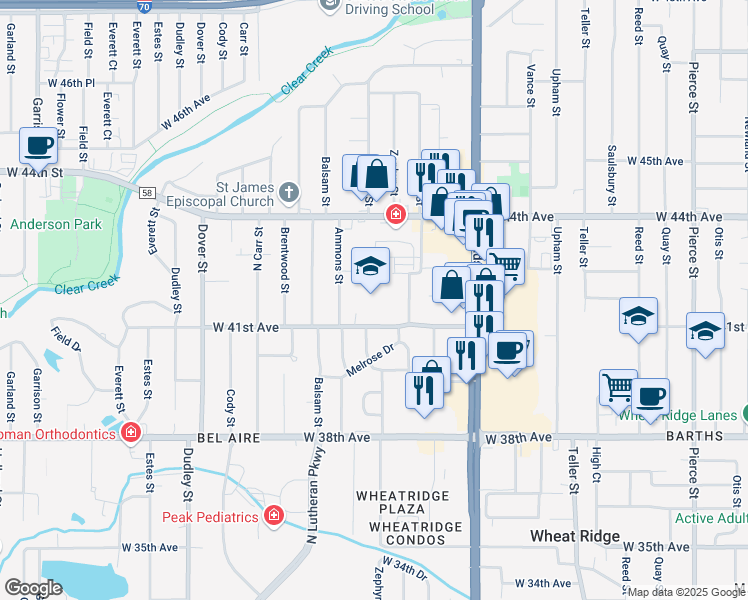 map of restaurants, bars, coffee shops, grocery stores, and more near 7975 West 41st Avenue in Wheat Ridge