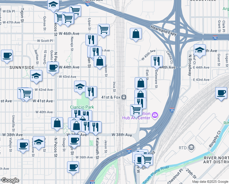map of restaurants, bars, coffee shops, grocery stores, and more near 4191 Inca Street in Denver