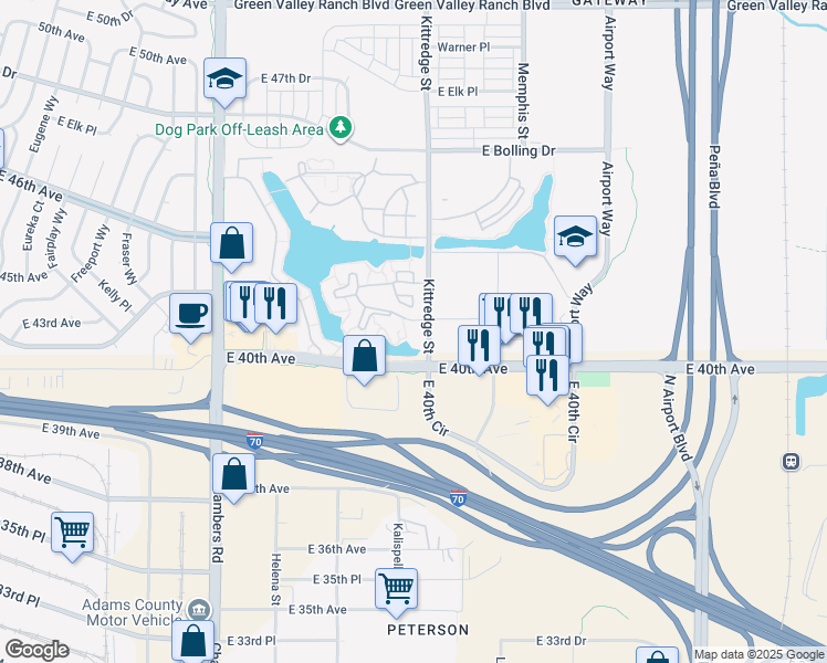 map of restaurants, bars, coffee shops, grocery stores, and more near 4255 Kittredge Street in Denver