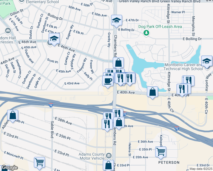 map of restaurants, bars, coffee shops, grocery stores, and more near 15170 Andrews Drive in Denver