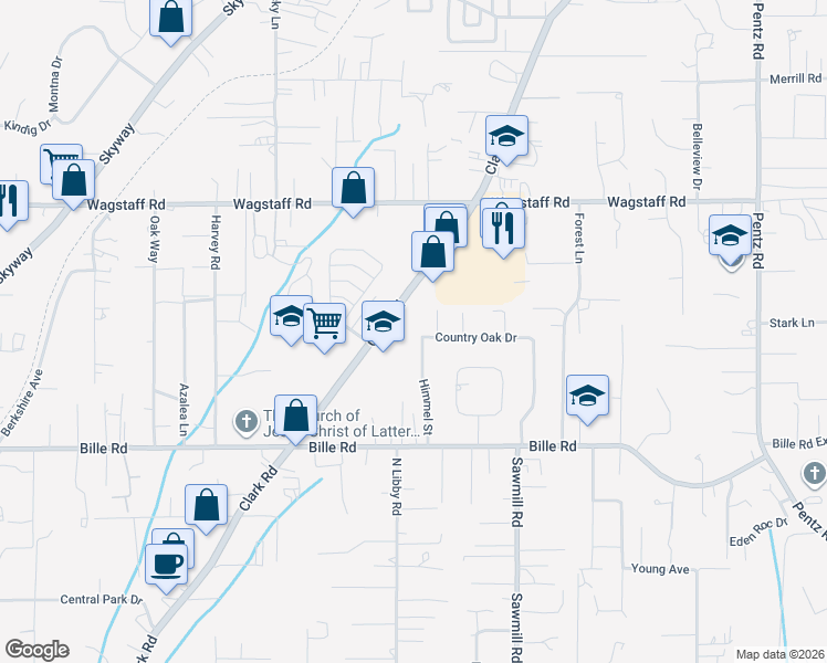 map of restaurants, bars, coffee shops, grocery stores, and more near 1437 Country Oak Drive in Paradise