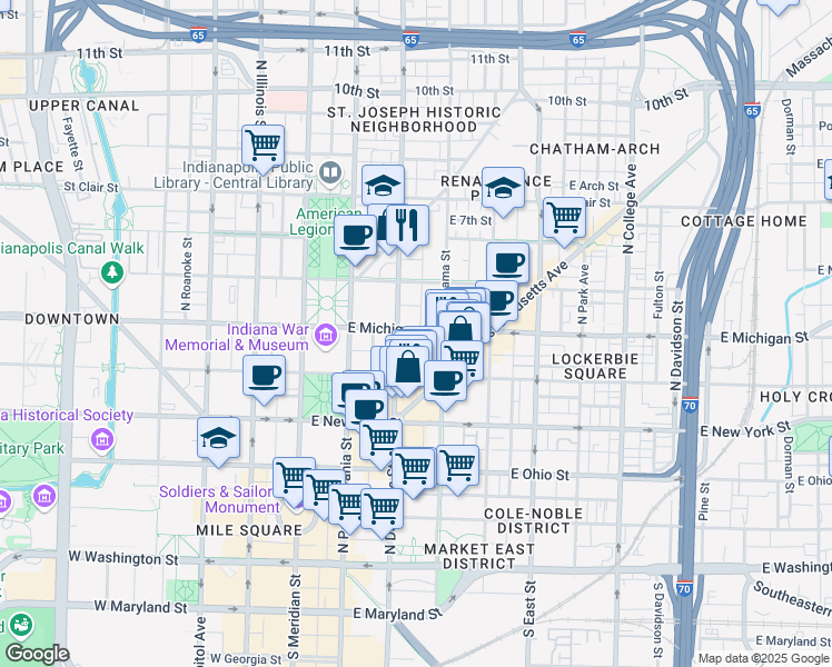 map of restaurants, bars, coffee shops, grocery stores, and more near 221 East Michigan Street in Indianapolis