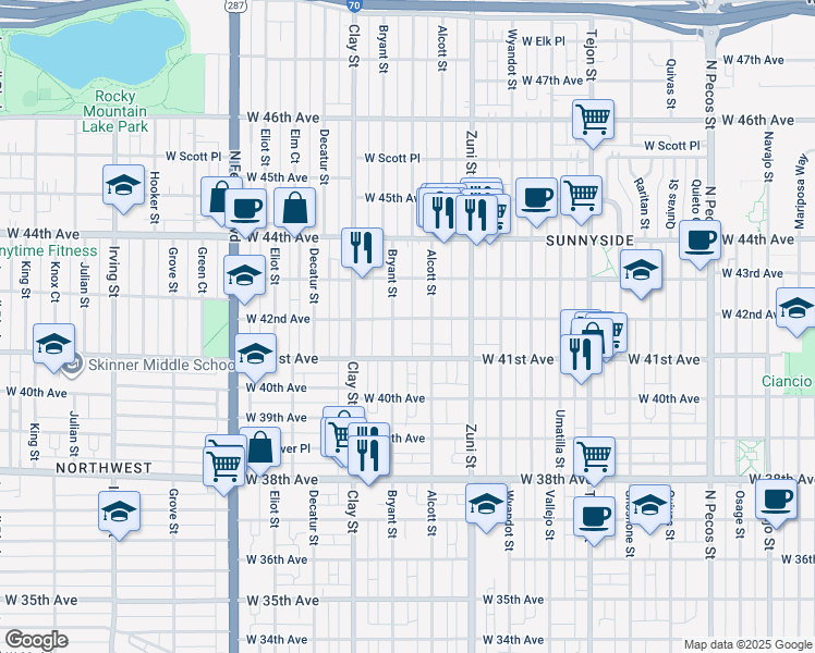 map of restaurants, bars, coffee shops, grocery stores, and more near 2540 West 42nd Avenue in Denver