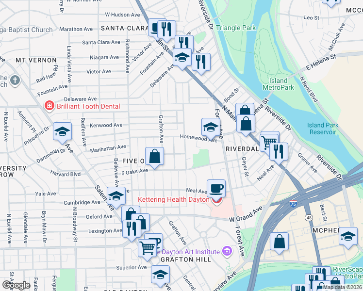 map of restaurants, bars, coffee shops, grocery stores, and more near 1021 Old Orchard Avenue in Dayton