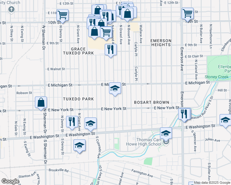 map of restaurants, bars, coffee shops, grocery stores, and more near 421 North Linwood Avenue in Indianapolis