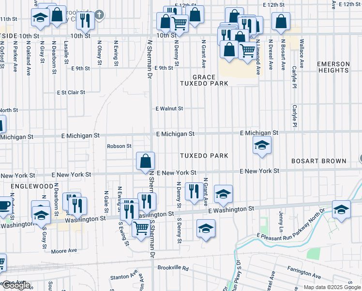 map of restaurants, bars, coffee shops, grocery stores, and more near 422 North Denny Street in Indianapolis