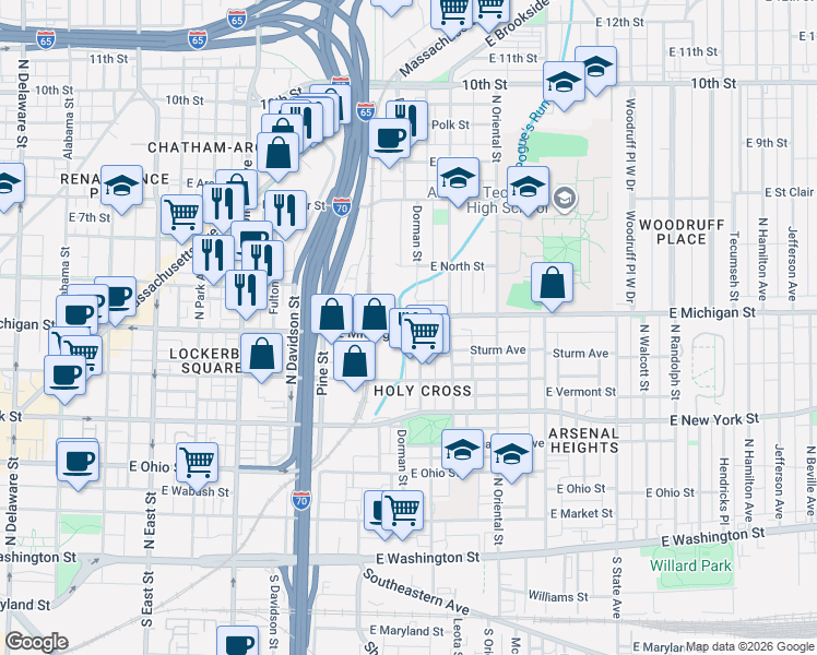 map of restaurants, bars, coffee shops, grocery stores, and more near 504 Dorman Street in Indianapolis
