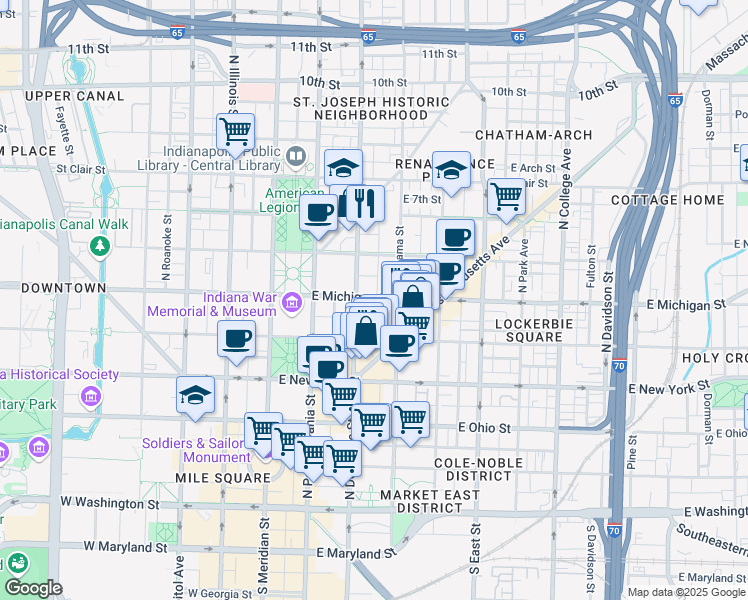 map of restaurants, bars, coffee shops, grocery stores, and more near 210 East Michigan Street in Indianapolis