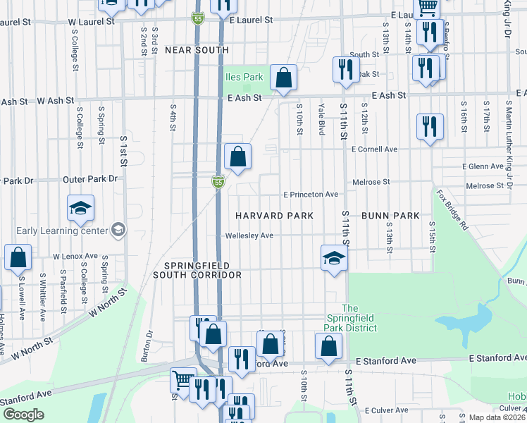 map of restaurants, bars, coffee shops, grocery stores, and more near 2322 South 8th Street in Springfield