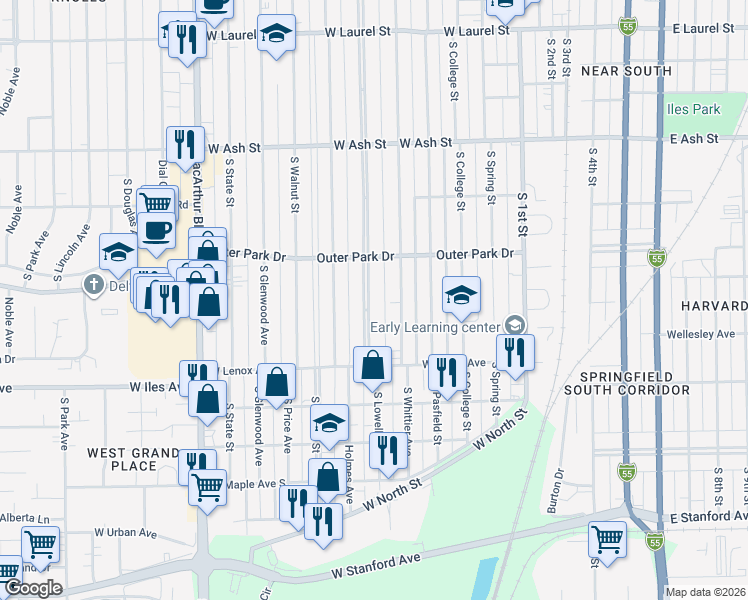 map of restaurants, bars, coffee shops, grocery stores, and more near 2400 S Lowell Ave in Springfield