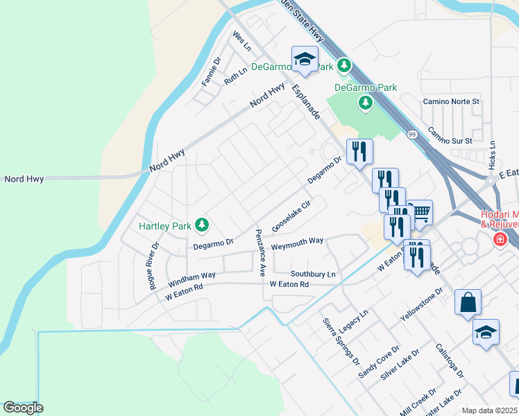 map of restaurants, bars, coffee shops, grocery stores, and more near 23 Bentwater Loop in Chico