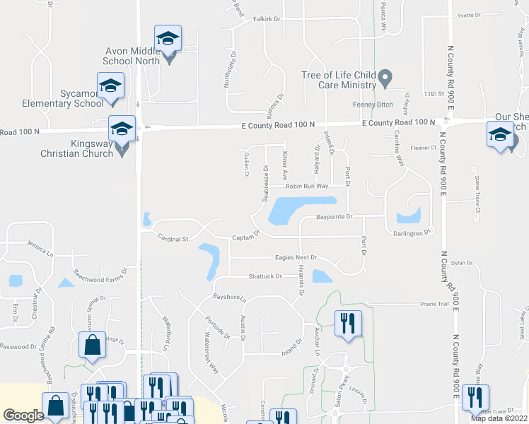 map of restaurants, bars, coffee shops, grocery stores, and more near 8510 Baypointe Drive in Avon