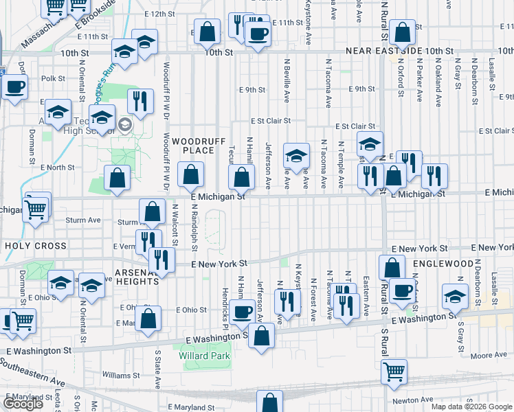 map of restaurants, bars, coffee shops, grocery stores, and more near 437 Jefferson Avenue in Indianapolis