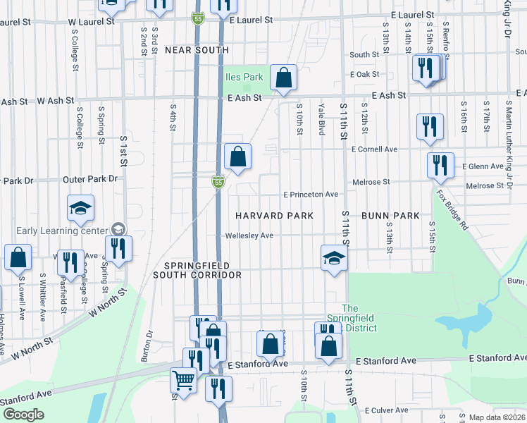 map of restaurants, bars, coffee shops, grocery stores, and more near 2322 South 8th Street in Springfield