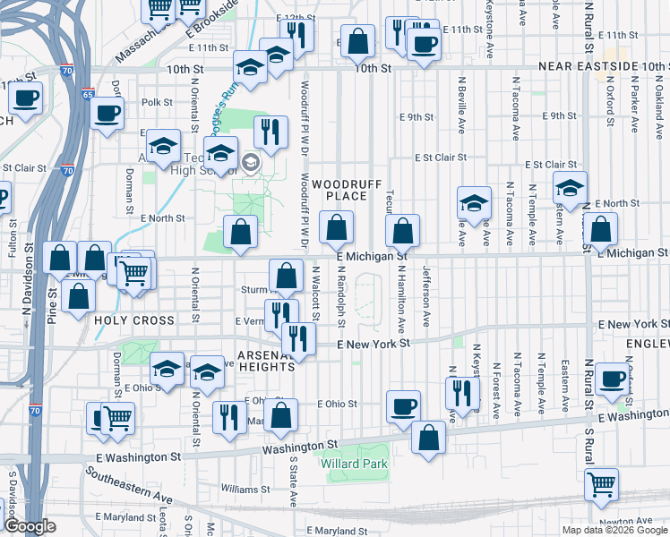 map of restaurants, bars, coffee shops, grocery stores, and more near 474 North Randolph Street in Indianapolis