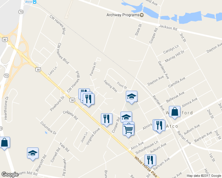 map of restaurants, bars, coffee shops, grocery stores, and more near 378 Sapling Way in Atco