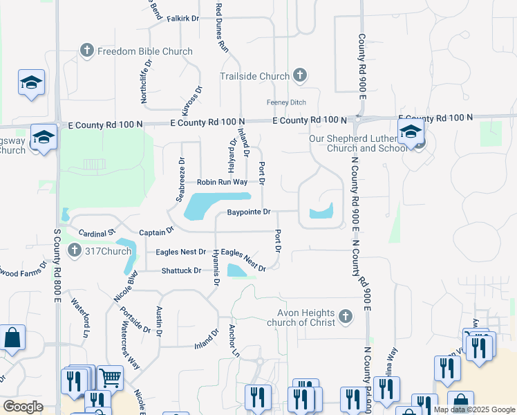map of restaurants, bars, coffee shops, grocery stores, and more near 736 Port Drive in Avon
