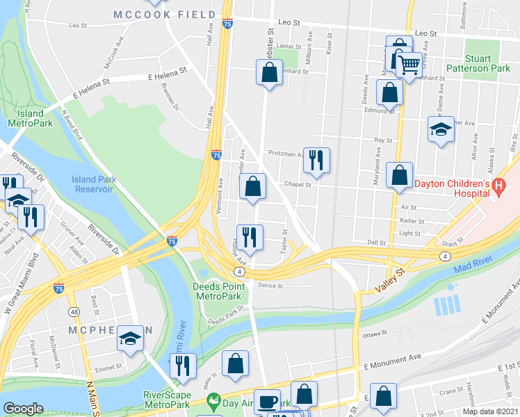 map of restaurants, bars, coffee shops, grocery stores, and more near 856 Webster Street in Dayton