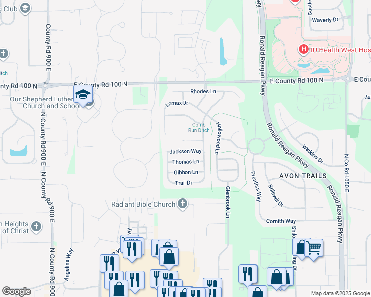 map of restaurants, bars, coffee shops, grocery stores, and more near 9720 Jackson Way in Avon