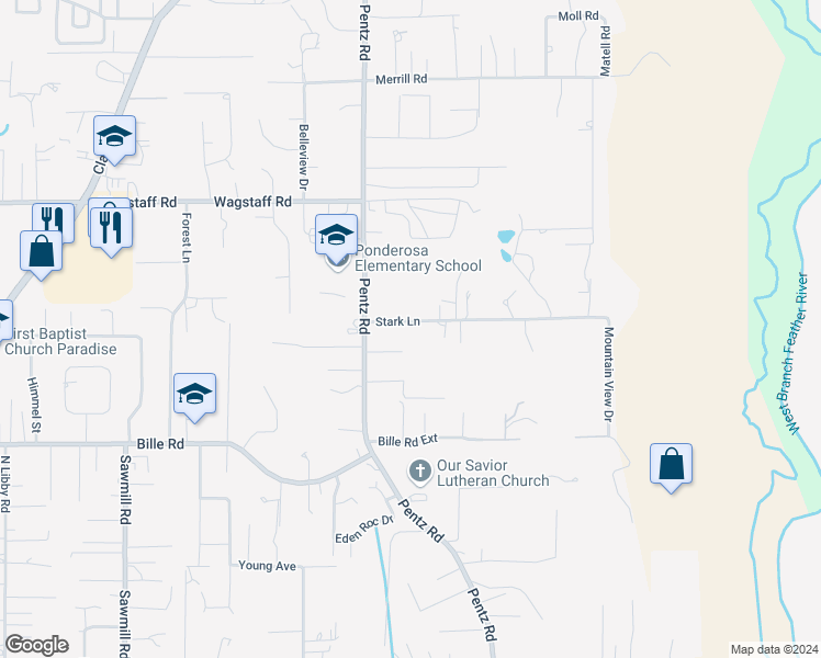 map of restaurants, bars, coffee shops, grocery stores, and more near 1772 Stark Lane in Paradise