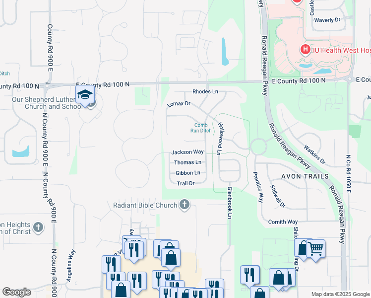 map of restaurants, bars, coffee shops, grocery stores, and more near 9710 Jackson Way in Avon