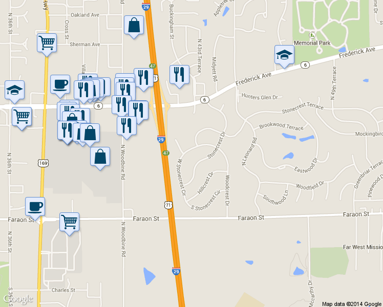 map of restaurants, bars, coffee shops, grocery stores, and more near 32 Stonecrest in St. Joseph