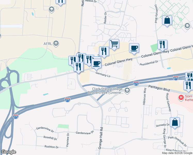 map of restaurants, bars, coffee shops, grocery stores, and more near 3907 Germany Lane in Dayton